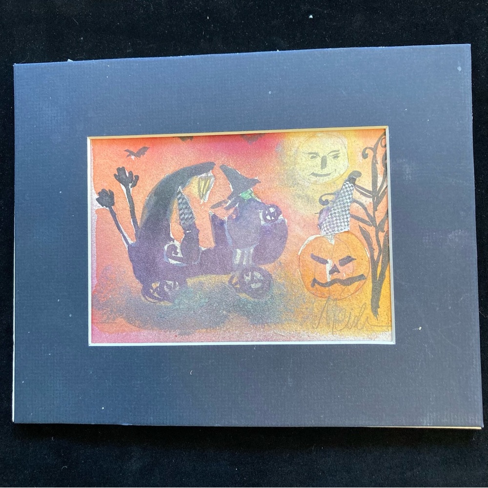 Hand Painted Mixed Media Halloween Watercolor Original 8”x 10” on Black Matte